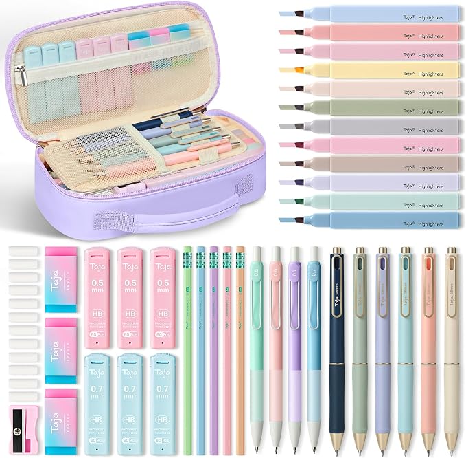 Cute Pencil Case With Supplies, 39 PCS Aesthetic Stationery Set with Pencil Pouch, 6 Black Ink Gel Pens, 12 Highlighters, 5 #2 HB Pencils, 4 Mechanical Pencils, Back to School Supplies - Light Purple