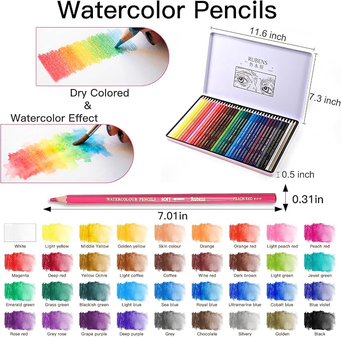 rubens Watercolor Pencils Sets, 36 Counts Soft Core Colored Pencils, Professional Artist Watercolor Pencils, Water Soluble Colors Pencils In A Metal Box for Adult Coloring, Drawing, Sketching
