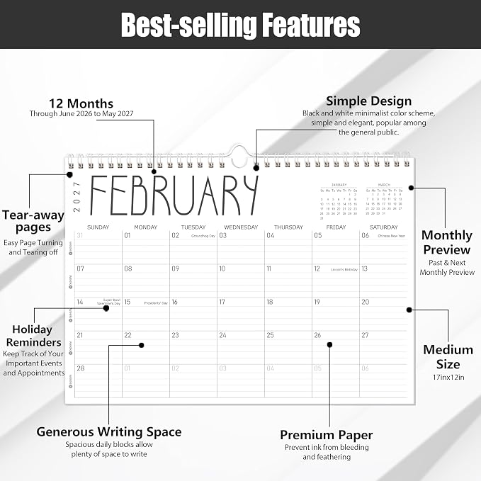 GuassLee Wall Calendar 2026-2027,12 Months Academic Planner Through Jun. 2026 to May 2027,17" X 12" Paper Monthly Planner Wall Hanging Calendar with Thick Paper for Easy Organizing