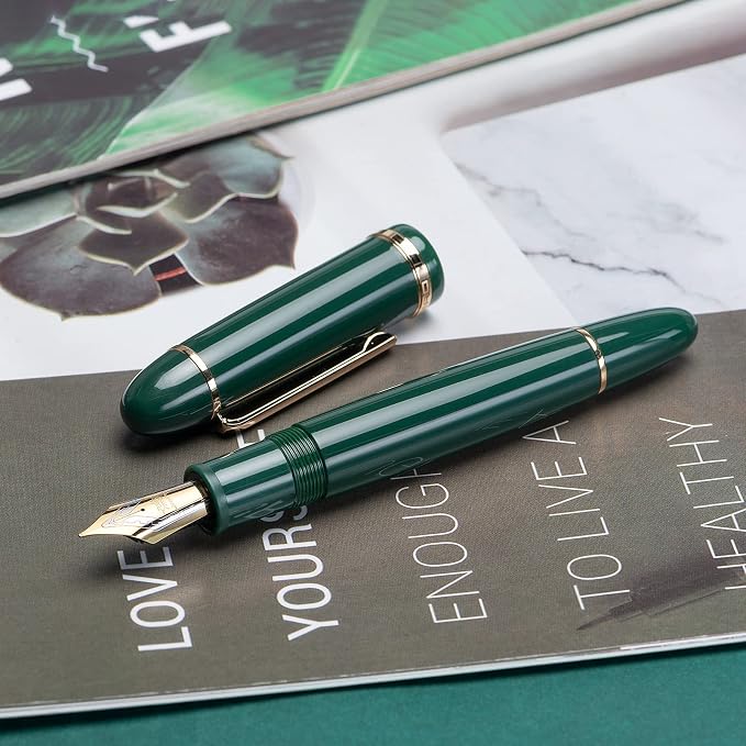 Jinhao X159 Dark Green Acrylic Fountain Pen, Size 8 Medium Nib Gold Trim Classic Design Smooth Writing Pen with Converter