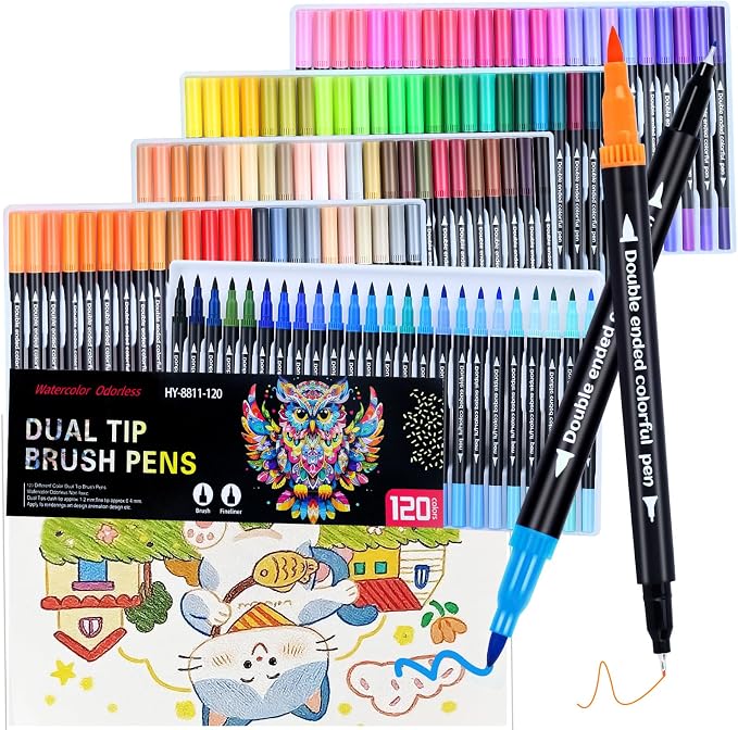 120 Colors Dual Markers Brush Pens ,Dual Tip Brush&Fine Tip Markers for Adult Kids Coloring,Water-based Ink Art Marker,Calligraphy Pens Fineliner and Brush Tips for Hand Lettering, Journal, Doodling