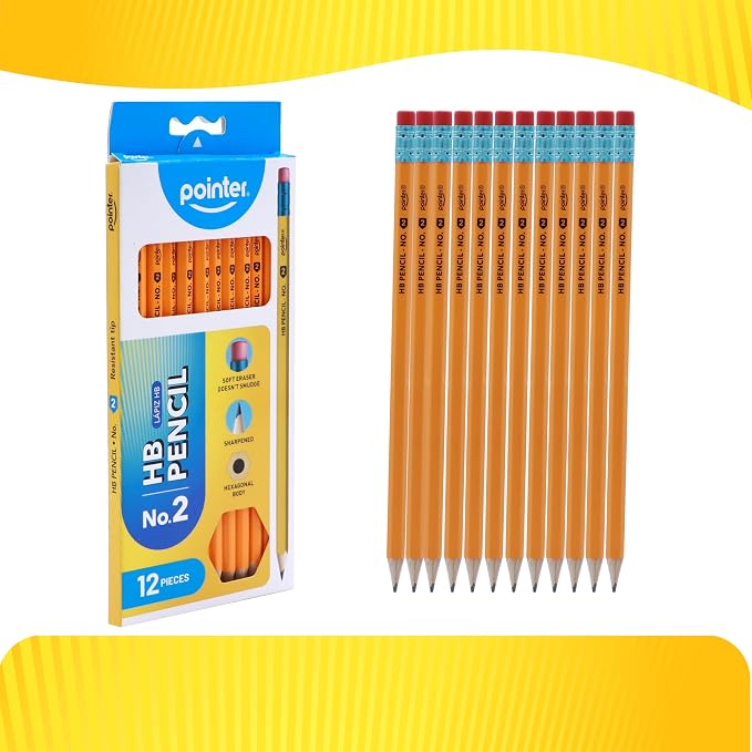 Pointer No. 2 HB Pencils Presharpened HB Wood-Cased Soft Erasers 144 Pack | No.2 HB Pencils Sharpened, Wood Case Pencils with Soft Erasers, No. 2 Wooden Box of Pencils Set for Clasroom Use and Office
