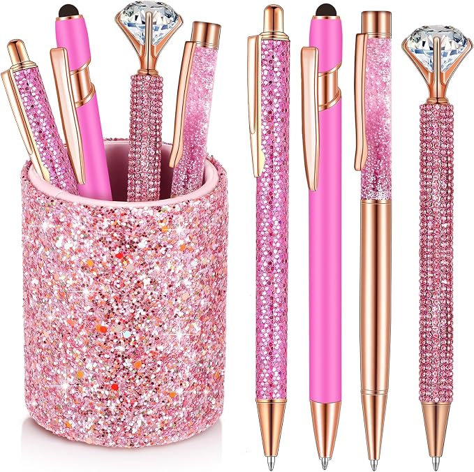 Sabary 8 Pcs Shiny Pink Pens with Pen Holder for Desk Glitter Crystal Diamond Cute Ballpoint Fancy Pencil Holder Bling Desk Organizer for Women Girls School Office Supplies Wedding Graduation Gifts