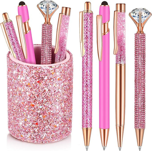 Sabary 8 Pcs Shiny Pink Pens with Pen Holder for Desk Glitter Crystal Diamond Cute Ballpoint Fancy Pencil Holder Bling Desk Organizer for Women Girls School Office Supplies Wedding Graduation Gifts