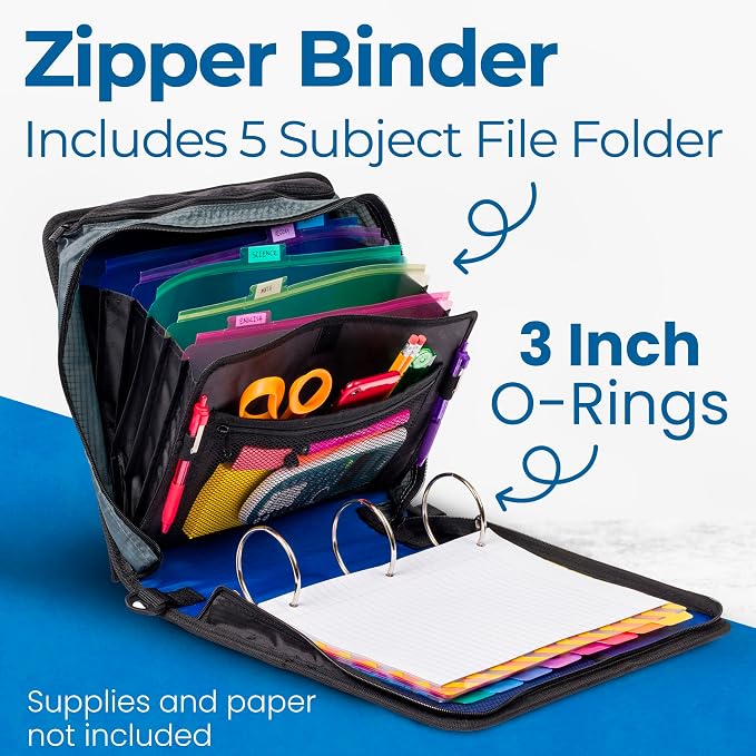 Case-it Mighty Zip Tab School Zipper Binder | 3-Inch O-Rings, 600-Sheet Capacity, 5-Subject Expanding File Folder, Multiple Pockets & Storage Organizer, Shoulder Strap | D-146 Midnight Blue