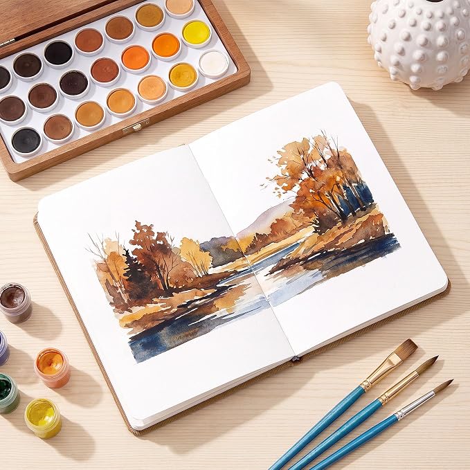 Dispowreath Watercolor Sketchbook 5.5" x 8.5" Suede Water Color Journal 24 Sheets 140lb/300g Cold Press Small Watercolor Sketchbook for Adults Mixed Media Drawing and Markers(Khaki)