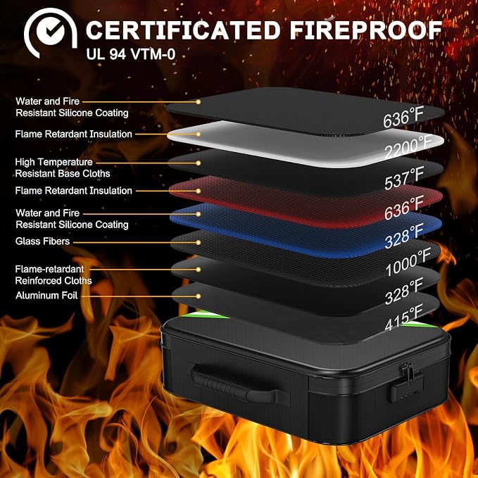 Noiposi 5200℉ Fireproof Document Box with Lock 8-Layer | Waterproof Important Document Organizer , Home Travel Strong Fireproof Safe Storage Box for Letter Size File