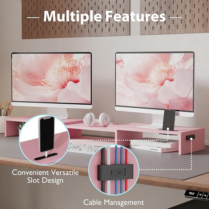 BONTEC Dual Monitor Stand Riser with Smartphone Holder, Adjustable Length & Swivel Angle, Ergonomic Wooden Desktop Organizer for PC Monitor, Laptop, Printer, Large Storage, 42.5 in, Pink