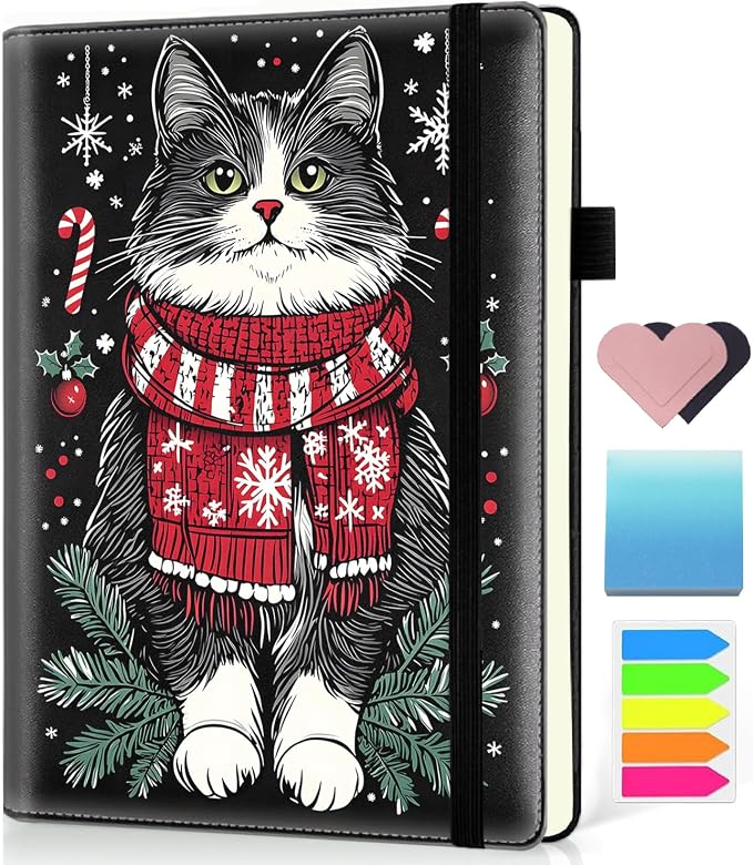 Hardcover Executive Notebooks, A5 PU Leather Lined Journal Notebook, 200 Pages Thick Paper Subject Notebooks for School,Work,Home Writing Business Notebook, Diary Book ，Christmas Cat