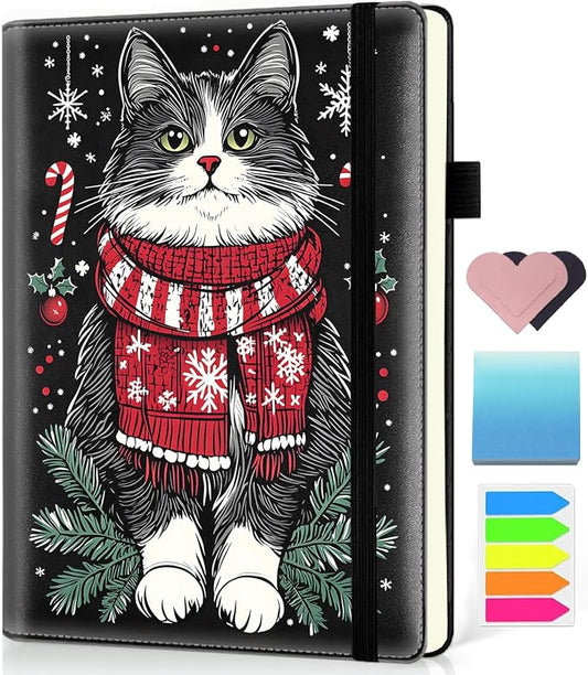Hardcover Executive Notebooks, A5 PU Leather Lined Journal Notebook, 200 Pages Thick Paper Subject Notebooks for School,Work,Home Writing Business Notebook, Diary Book ，Christmas Cat