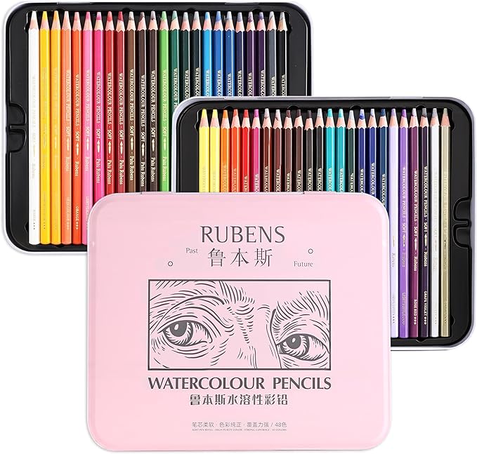rubens Watercolor Pencils Sets, 48 Counts Soft Core Colored Pencils, Professional Artist Watercolor Pencils, Water Soluble Colors Pencils In A Metal Box for Adult Coloring, Drawing, Sketching