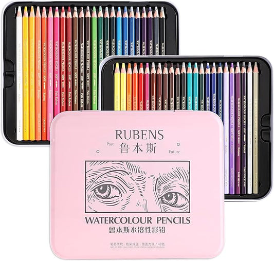 rubens Watercolor Pencils Sets, 48 Counts Soft Core Colored Pencils, Professional Artist Watercolor Pencils, Water Soluble Colors Pencils In A Metal Box for Adult Coloring, Drawing, Sketching