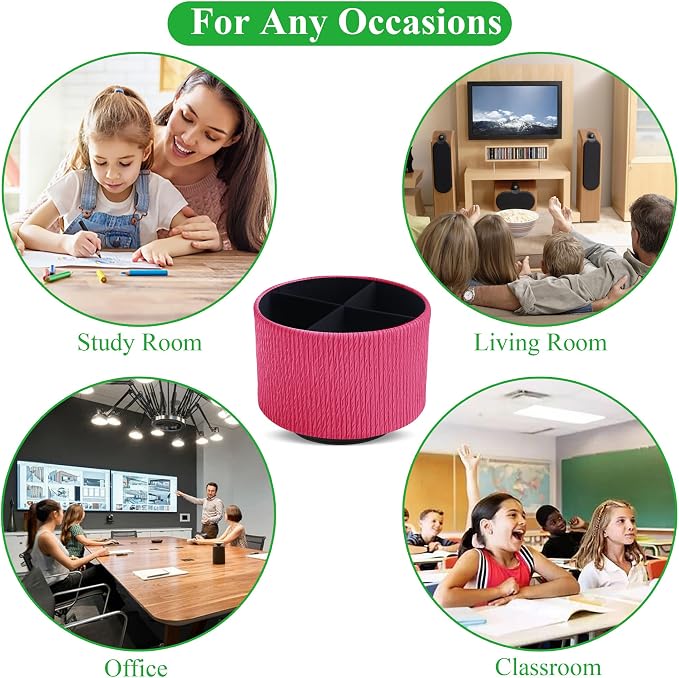 Round Leather Art Supply Organizer,Remote Control Holder,360 Degree Spinning,Multi-Functional Pencil Holder,4 Compartments Desktop Stationary Organizer(1-Vertical Wood Red)