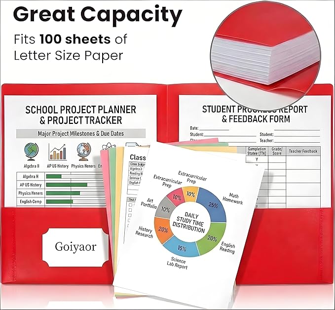 6 Pack Plastic Folders with Pockets, 6 Assorted Colors, 2 Pocket Folders for Documents, Heavy Duty Poly Pocket Folders with Business Card Slot, File Folders for Office School Home Organization