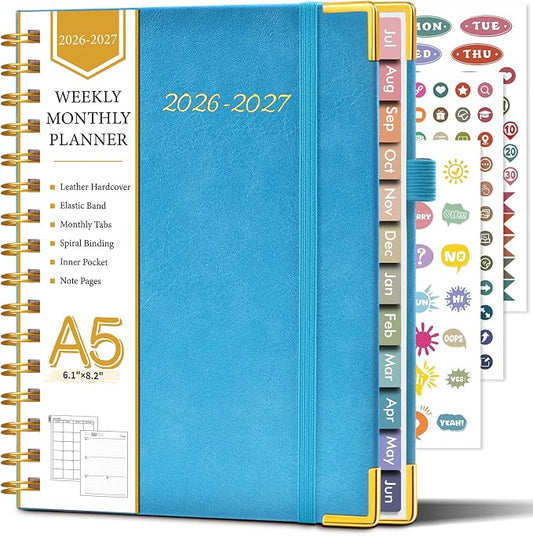 Academic Planner 2026-2027, Hardcover Leather Weekly and Monthly Calendar Planner from July 2026 - June 2027, A5 6.1" x 8.2" Daily Agenda with Tabs, College School Organizer for Student Teacher, Pacific Green
