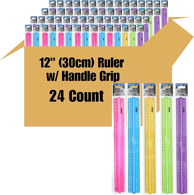BAZIC Products 12 in Plastic Ruler with Handle Grip, Inch & Metric, 24-Box | 12 in (30 cm), clear inch and centimeter marks for measuring and drawing