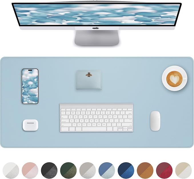 AFIING Desk Pad Protector 23.6" x 13.7" - Non-Slip Waterproof PU Leather Desk Mat for Mouse, Keyboard, Laptop, Office and Home Workspace (Light Blue)