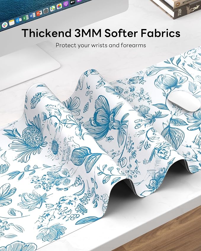 Floral Mouse Pad, 31.5 x 11.8 Large Desk Mat with Stitched Edges & Non-Slip Base, Mousepad for Office, Home, Work, Elegant Flower