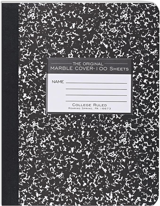 ROARING SPRING Hard Cover Composition Notebook, Black Marble Comp Book, 9.75″ x 7.5″, College-Ruled with Margin, 100 Sheets (200 Pages)