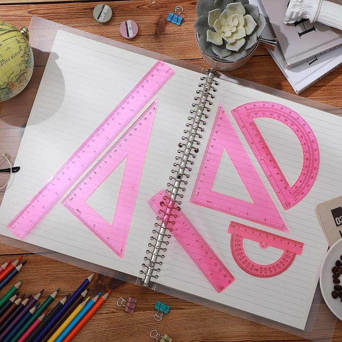 Tenare 6 Pcs Plastic Ruler Math Set Includes 12 Inch 6 Inch Straight Protractor Triangle Geometry Transparent Math Ruler Measuring Tools for School Office Home(Pink)
