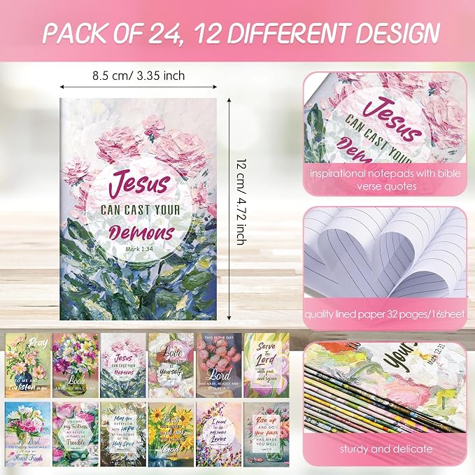 Tatuo 24 Pack Christian Floral Notebooks for Women Religious Bible Verse Journals Flower Small Pocket Prayer Notepads with Scripture Inspirational Gifts for Faith Church Bible Study Office School