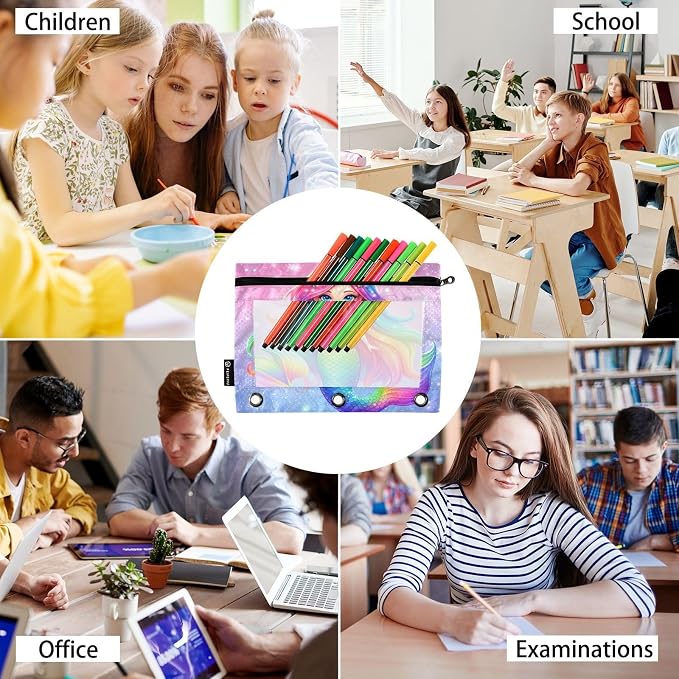 Gredecor 3 Ring Binder Pencil Pouch, Fantasy Mermaid Rainbow (2) Zippered Pen Case Pouches with Clear Window, 2 Pack Stylish Office & School Supplie