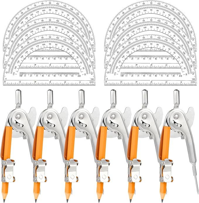 Mototo 12-PCS Geometry Tool Set, Math Compass for Geometry and 6 Inch Protractor Set Include Metal Compass with Pencil and Clear Plastic Protractor for Student Classroom Office Woodworking Art Drawing