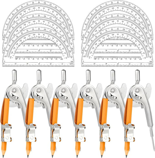 Mototo 12-PCS Geometry Tool Set, Math Compass for Geometry and 6 Inch Protractor Set Include Metal Compass with Pencil and Clear Plastic Protractor for Student Classroom Office Woodworking Art Drawing