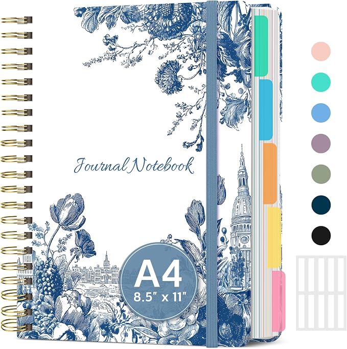 Large Lined Spiral Journal for Women Cute Hardcover 5 Subject Notebook for Work 8.5" x 11" with Removable Dividers & Tabs, College Ruled, 280 Pages Aesthetic Journal for Work, School & Note Taking, Urban Blossom