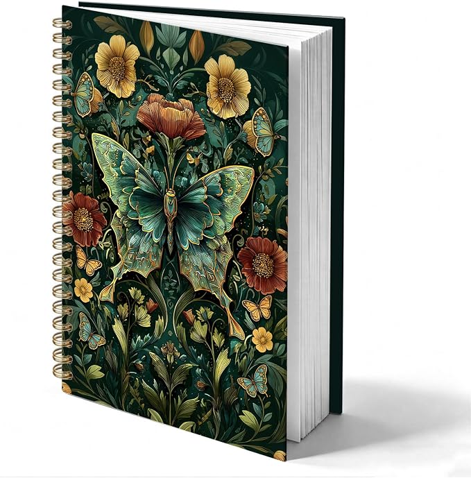 Dark Green Butterfly Journal Notebook 5.5x8.3, William Morris Inspired Insect Journal, Butterfly Gifts for Women, Art Nouveau Floral Botanical Notebooks for Work