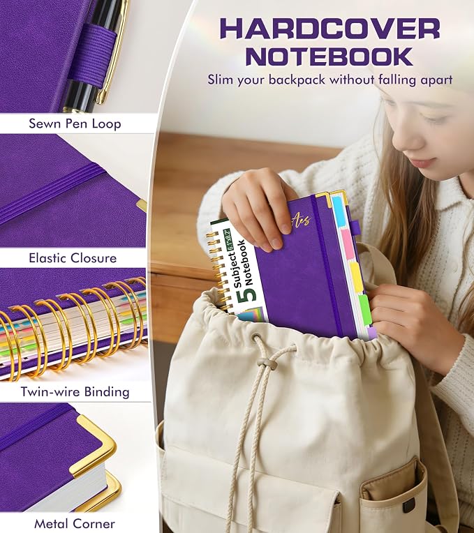 5 Subject Spiral Notebook Journal with Removable Dividers Tabs, 300 Pages Organizer Notebooks for Work School, A5 Hardcover Leather Notebook College Ruled, Lined Journal for Women Men，Purple