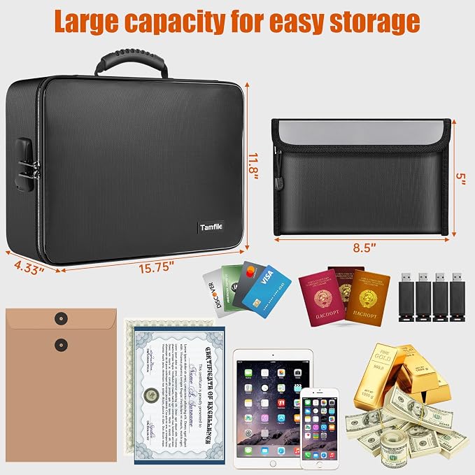 Tamfile Fireproof Document Box with Lock, Heat Insulated Safe Money Bag | Water-Resistant,8 Layers File Organizer,Home Travel Portable Safe Storage for Important Documents,Cash,Passports(Soft)