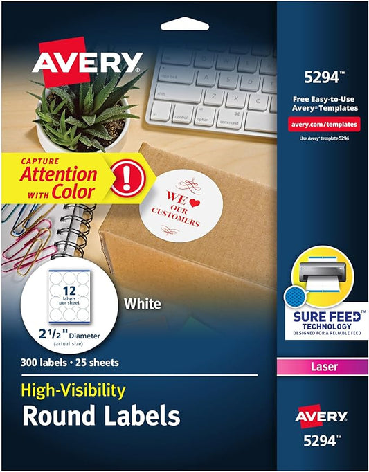 Avery Round Printable Labels, 2.5" Diameter, Matte White, Sure Feed Technology, Laser & Inkjet Compatible, 300 Blank Labels Total, Great for Branding, Packages, School Supplies, and More (5294)