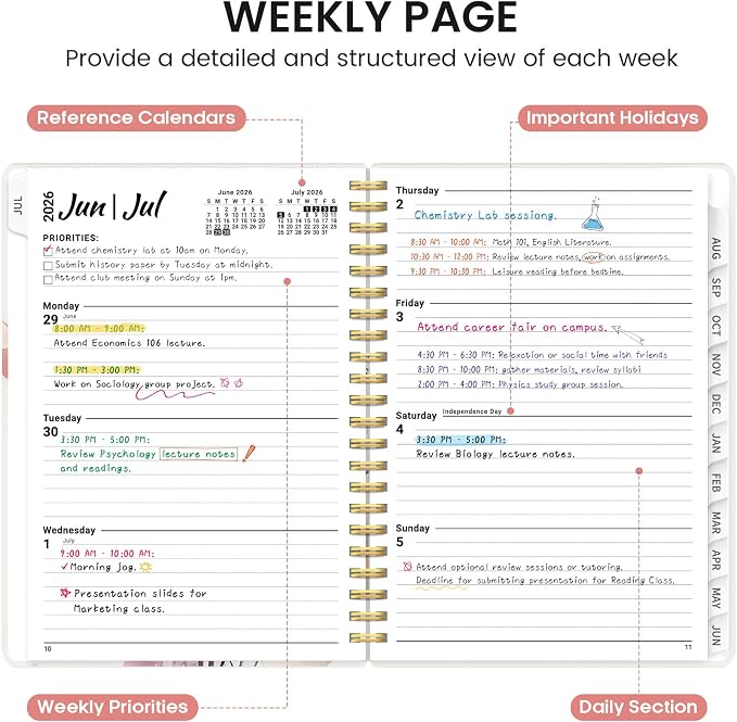 Planner 2026-2027, Academic Monthly and Weekly Calendar Planner for Women, July 2026 - June 2027, Hardcover Pretty Agenda Planner Book with Tabs, Spiral Daily Organizer for School Office Home Supplies, 6.3" x 8.5" - Painted Bloom