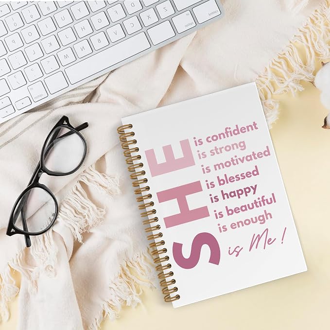She Is Me Inspirational Spiral Notebook for women, Positive Affirmations Journal Notebook, Pink Self Love Notebooks for School Work, Motivational Office Supplies Gifts for Girls, 5.5x8.3 Inch