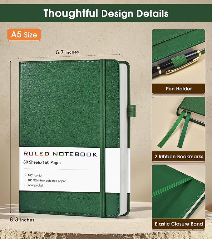 Lined Journal Notebook, A5 Hardcover Leather Journals for Writing, 160 Numbered Pages, 5.7'' x 8.3'' Journaling Notebooks for Men Women, Thick Paper College Ruled Journal for Work Office School, Green