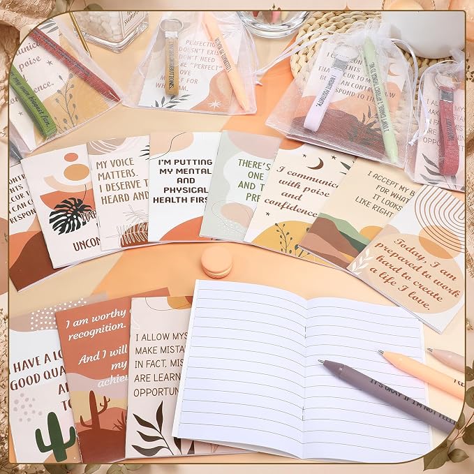 Mooliwe 24 Set Positive Affirmation Gift Set Gratitude Notebooks with Pens Keychains Small Bags Motivational Party Favors for Adult Women Coworkers Employee Group (Soft)