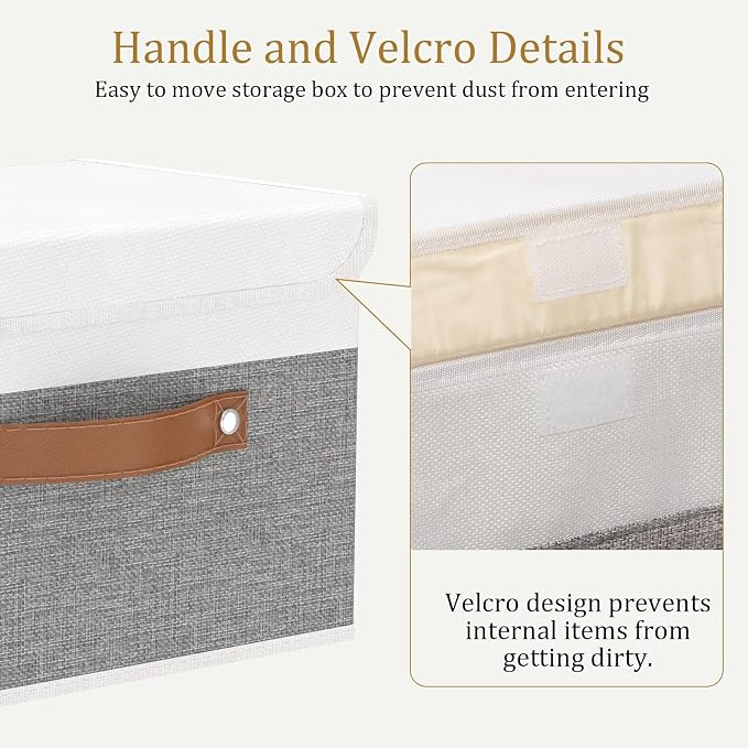 OUTBROS Foldable Storage Boxes, Large Linen Fabric, 15 x 9.8 x 9.8 inch, White/Grey, 3-Pack | Storage Cubes with Lid, Linen Fabric Wardrobe Baskets, Large Box For Towels, Clothes