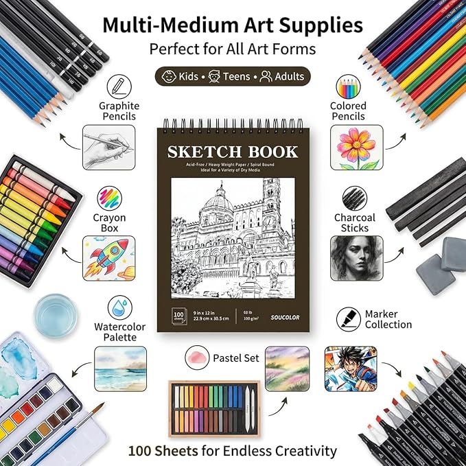 Soucolor Sketchbook 8.5x11,100 Sheets Thick Acid-Free Drawing Paper | 68lb/100gsm Lay Flat Sketch Pad Art Notebook for Adults Artists Teachers Students Classroom