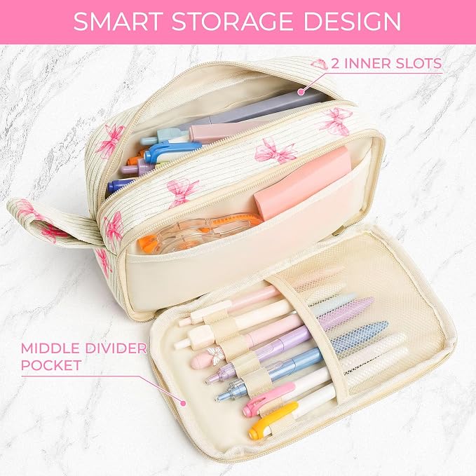 WOBAGMEN Cute Pencil Case,Large Corduroy Zippered Pencil Case Pouch, aesthetic Pencil Bag with Compartments, Pencil Pouch School Supplies (Pink Big Bow)