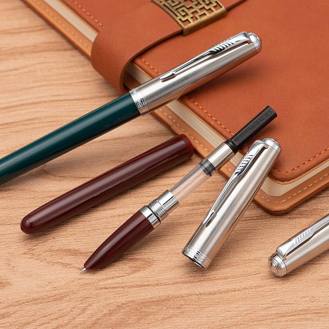 3 Jinhao 86 Fountain Pen Set (Black, Wine Red and Green Resin) Extra Fine Nib with Refillable Ink Converter