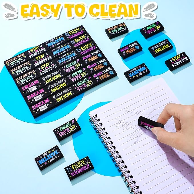 Dunzoom 100 Pcs Back to School Inspirational Pencil Erasers Bulk for Kids Fun Motivational Eraser School Office Supplies for Students Classroom Office Teacher Artists(Colorful Chalkboard)