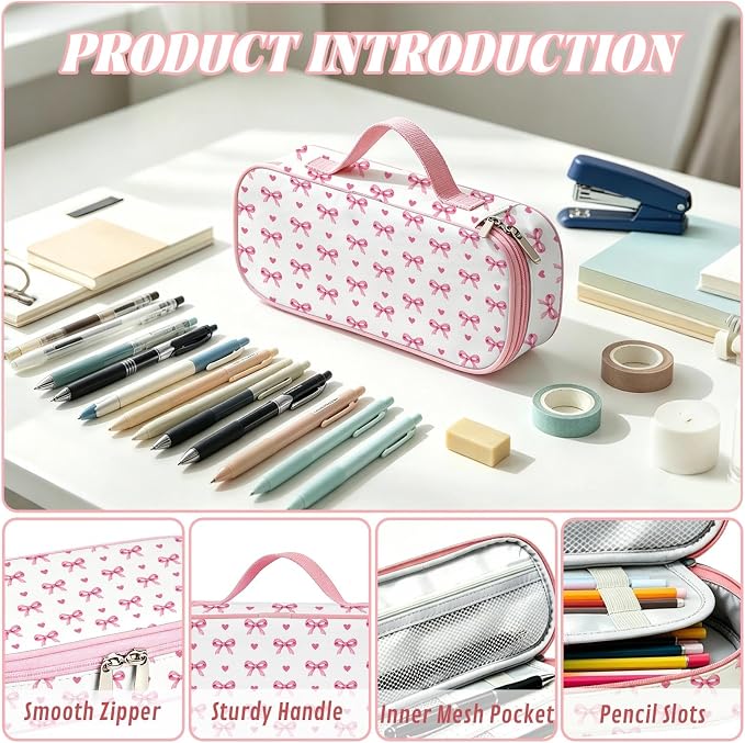Pink Bow Pencil Case for Girls, Large Capacity Cute Kids Pencil Box with Zipper Compartments, Portable Pen Pouch Bag for Office School Travel