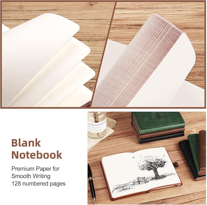 AHGXG Small Blank Pocket Notebook, 256 Numbered Pages, B6 (4.1'' X 5.7'') | Mini Journal, Vintage Soft Leather Hardcover, 80gsm Paper, for Men Women Work Office School (Brown)