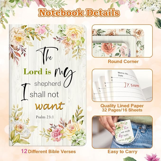 36 Pcs Christian Bulk Gifts for Women, Religious Notebook Gifts, 3.5"x5.5" | 12 Mini Bible Verse Notepads, 12 Scripture Ballpoint Pens, 12 Magnetic Cross Bookmarks,Cute inspirational Prizes Party Favors