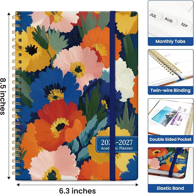 Planner 2026-2027, Academic Year Monthly and Weekly Calendar Planner, Jul 2026 - Jun 2027, Hardcover Teacher Student Planning Agenda book with Tabs, Perfect for School Office Supplies, 6.3" x 8.5" - Vivid Petals