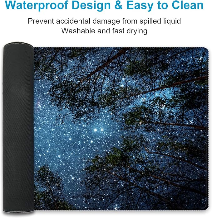 XXL Waterproof Office Desk Pad Protector 35.4x15.7 Inch - Extended Gaming Mouse Pad with Non-Slip Rubber Base, Thickened Keyboard Mat, Stitched Edges & Forest Starry Design