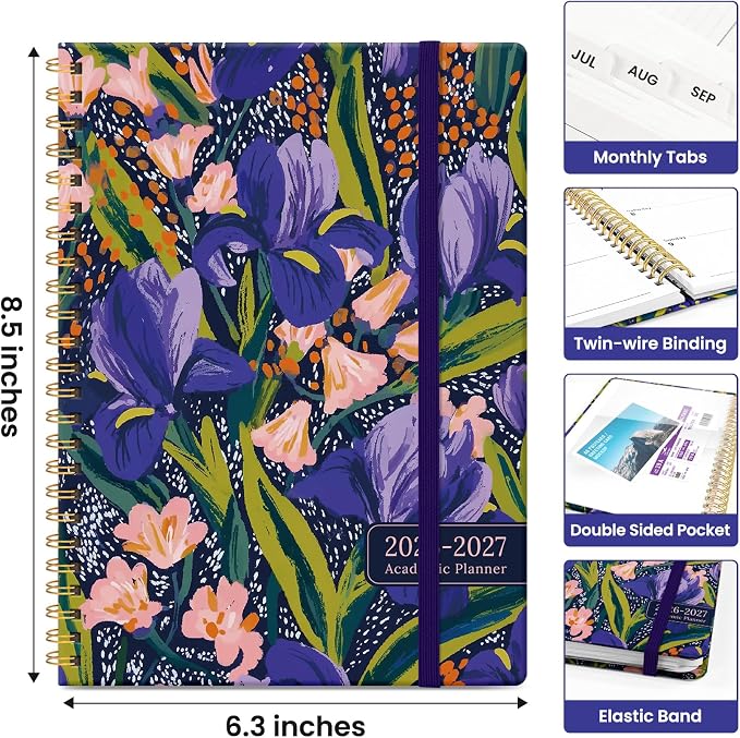 Planner 2026-2027, Academic Year Monthly and Weekly Calendar Planner, Jul 2026 - Jun 2027, Hardcover Teacher Student Planning Agenda book with Tabs, Perfect for School Office Supplies, 6.3" x 8.5" - Petal Rhythm