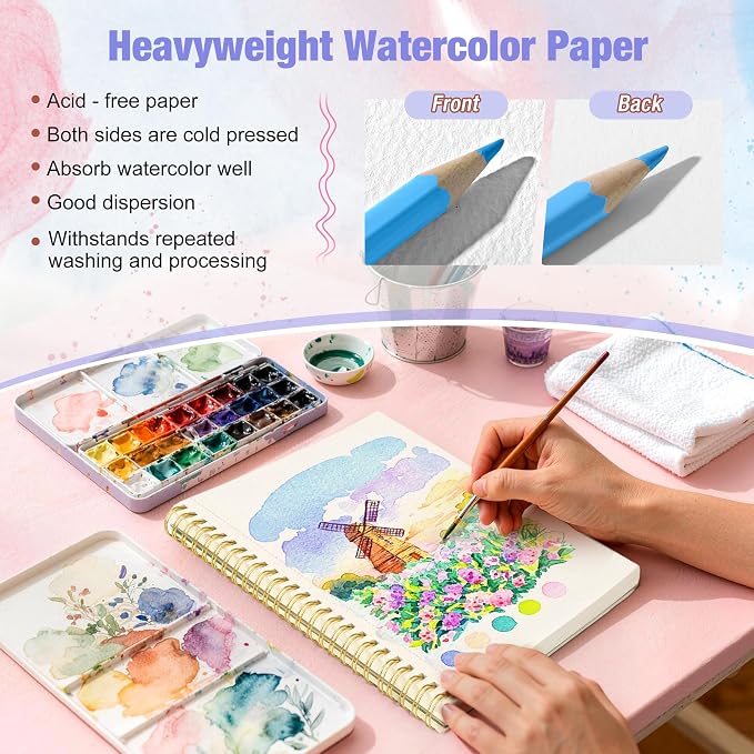 Creazic Watercolor Paper Pad, 5.5"x8.5" 140lb/300g Cold Press Watercolor Sketchbook, 24 Sheets Spiral Bound with Perforated Pages, Acid-Free Portable Drawing Pad for Travel, Practice & Small Projects