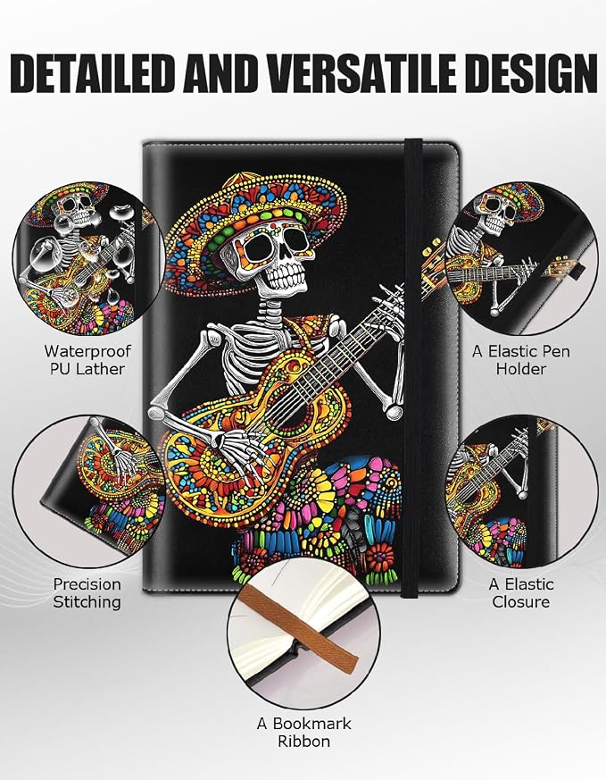 Hardcover Executive Notebooks, A5 PU Leather Lined Journal Notebook, 200 Pages Thick Paper Subject Notebooks for School,Work,Home Writing Business Notebook, Diary Book ，Skull Guitar Huichol